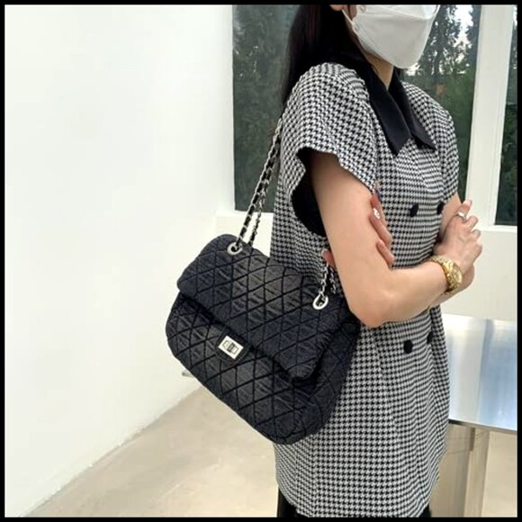 GESALOP Y2k Purse Women Shoulder Bags Quilted Distressed  Quilted Denim Shoulder Bag Y2K Preppy Crossbody Tote Vintage Purse Chain Strap